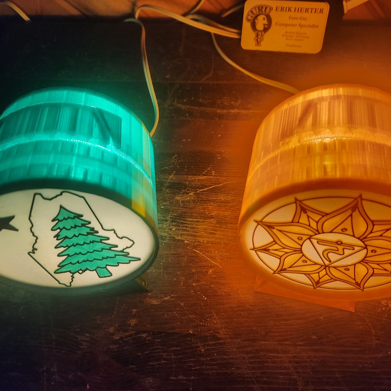 Maine Pine Tree Lens in Green PetG Cannon Light, Self Confidence Chakra in Gold PetG Cannon Light